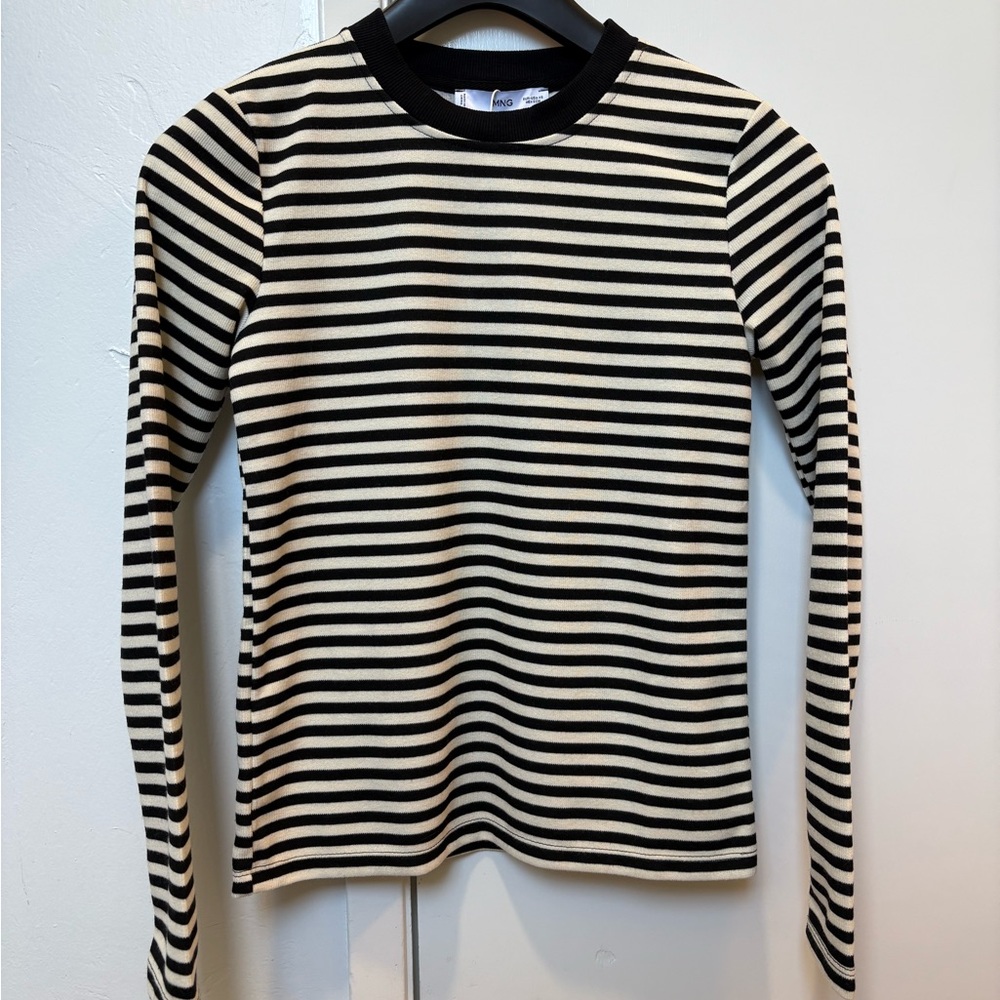 MANGO Black and White Striped Long Sleeve Top XS NWT